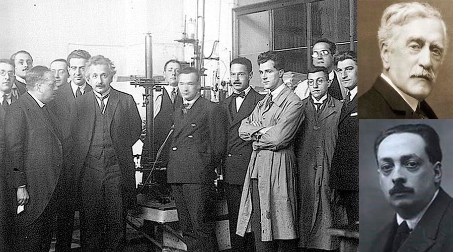 Visita de Einstein al Laboratorio de Investigaciones Físicas, 1923. En los recuadros, Ignacio Bolívar y Blas Cabrera