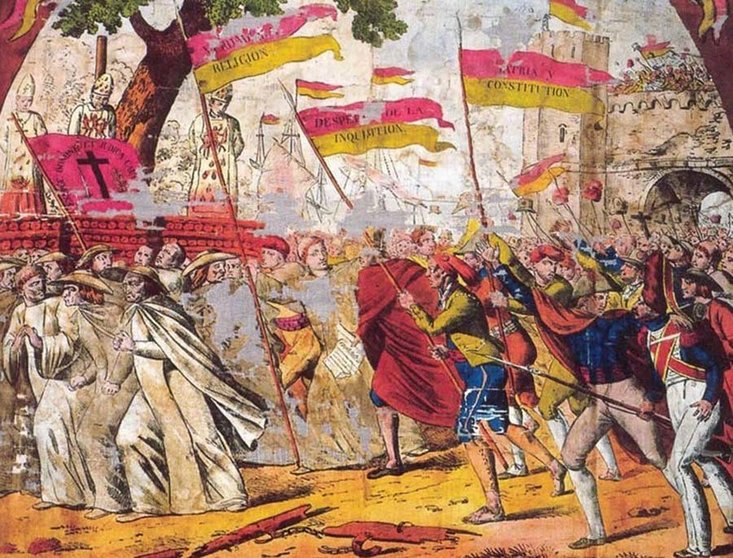 "La abolición de la Inquisición" (Manufactura española: pañuelo de seda. 1821. Barcelona, Museo Textil y de la Indumentaria, Colección Rocamora).