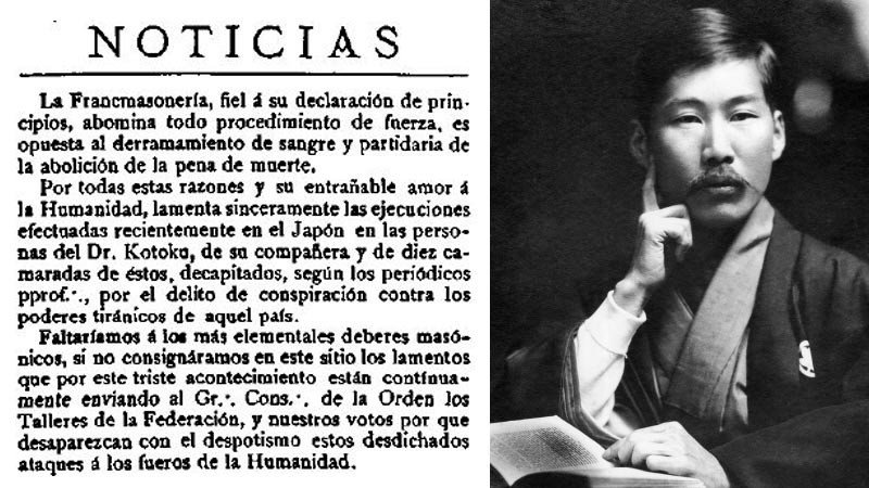 Boletín Oficial del Grande Oriente Español (25/02/1911) e imagen de Shūsui Kōtoku