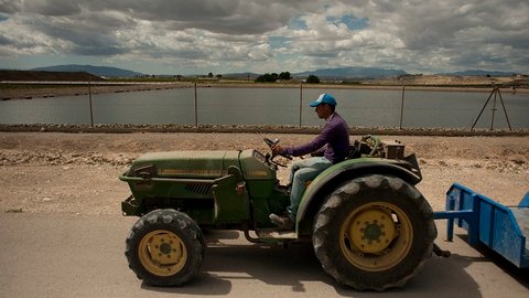 A farmer leads his tractor near a reservoir in Murcia. CEBAS-CSIC in the University of Murcia they develop the project: illustrate the sustainable employment of water closet of irrigation in the Mediterranean region on April 21, 2014. 